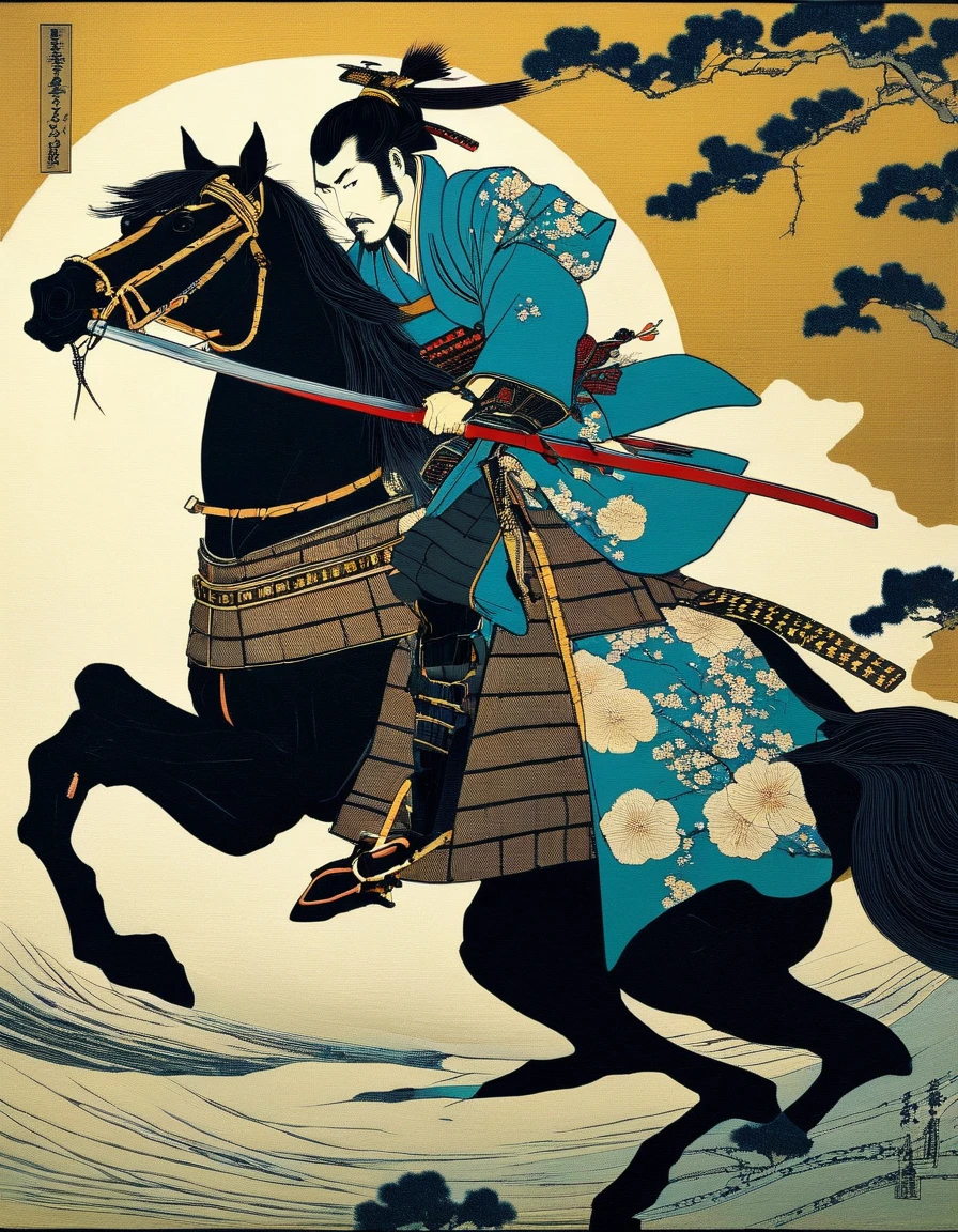 There is a man dressed as a samurai riding a horse, Japanese warrior, Japanese samurai, Dressed in old samurai uniform, Dressed in samurai armor, wearing samurai armor, Ashigaru bow, wearing kimono armor, Samurai warrior, Wearing kimono armor, ancient japanese samurai, samurai style, samurai costume, samurai armor, The samurai is wrapped in chains inspired by hokusai style(art inspired by Bill Sienkiewicz). oil painting)
