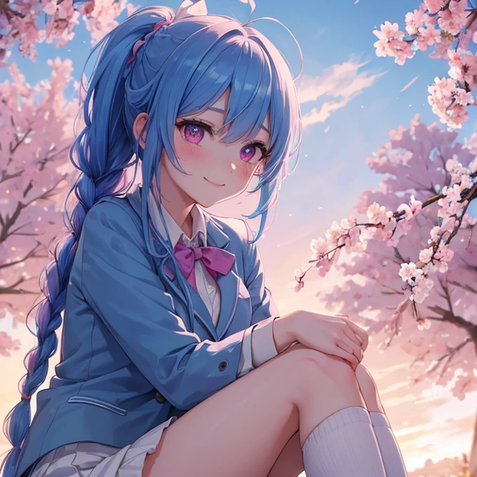 sky Blue hair, (braided ponytail),(pink eyes),fair skin ,full body,1 girl,happy smile,Spring, cherry blossoms, school knee high socks,, blazer, Straight Bangs,(masterpiece, best quality, ultra-detailed, best shadow), (detailed background), (beautiful detailed face), high contrast, (best illumination, an extremely delicate and beautiful), ((cinematic light)), colorful, hyper detail, dramatic light, intricate details,
