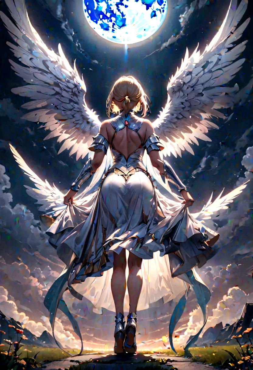 (a back view model shot taken from the back: 1.5), female angel (Masterpiece, intense details: 1.3), paladin, holy warrior, short blond hair, determined face, full body, armed with sword, holy symbol, (wearing white armor: 1.3), ((fully dressed: 1.5)), (wings sprouting from the back: 1.3) spread large feathered wings, majestic wings, white angelic wings, moon light, moon, stars, clouds, cemetery background, anatomically correct (Masterpiece, intense details: 1.3), god rays, cinematic lighting, glowing light, photorealism, panoramic view, Wide-Angle, Ultra-Wide Angle, 16k, highres, best quality, high details, ultra detailed, masterpiece, best quality, (extremely detailed), arafed, dnd art, armored dress