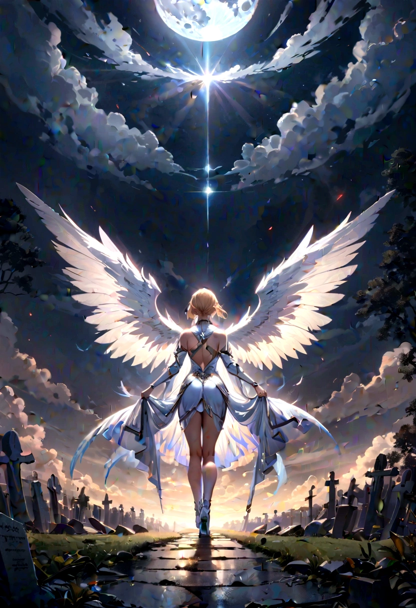 (a back view model shot taken from the back: 1.5), female angel (Masterpiece, intense details: 1.3), paladin, holy warrior, short blond hair, determined face, full body, armed with sword, holy symbol, (wearing white armor: 1.3), ((fully dressed: 1.5)), (wings sprouting from the back: 1.3) spread large feathered wings, majestic wings, white angelic wings, moon light, moon, stars, clouds, cemetery background, anatomically correct (Masterpiece, intense details: 1.3), god rays, cinematic lighting, glowing light, photorealism, panoramic view, Wide-Angle, Ultra-Wide Angle, 16k, highres, best quality, high details, ultra detailed, masterpiece, best quality, (extremely detailed), arafed, dnd art, armored dress