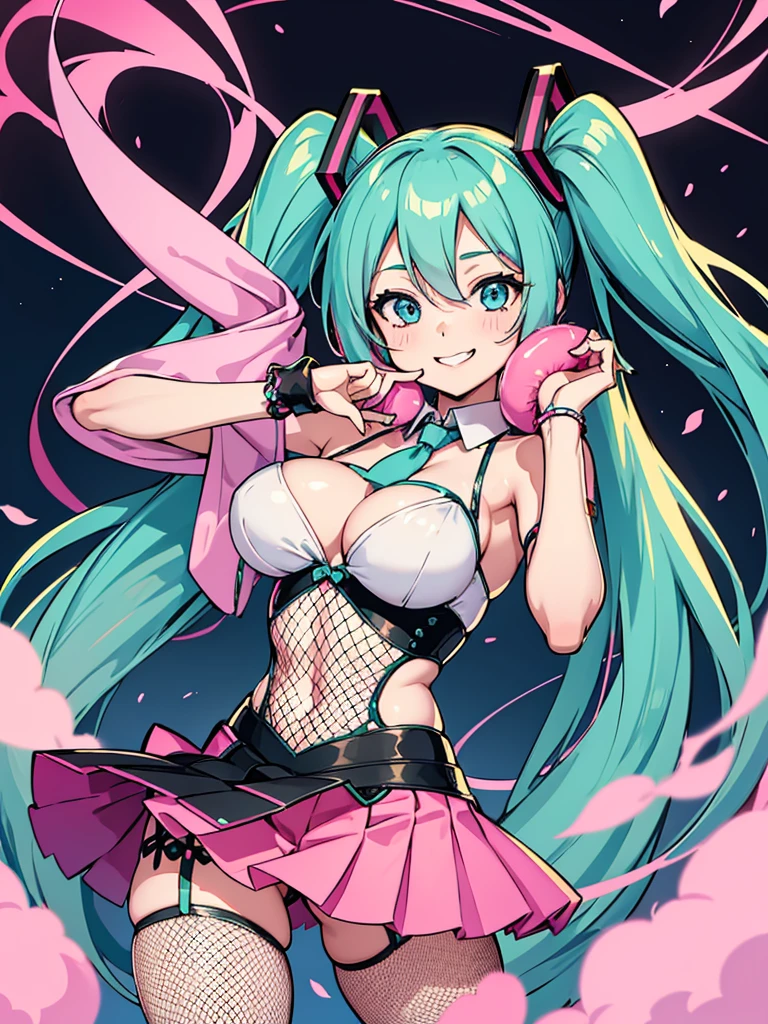 hatsune miku, 1girl, very sexy revealing bright outfit, cute mature smiling face, fishnets on legs and hands, hatsune miku, on dark japanese background, laced revealing shirt, pink stripped tight fitted skirt, pastel