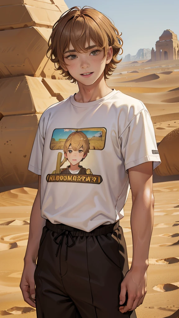(masuter piece, best quality, very detailed), (fine face), 1 boy, boy、standing、from the waist up、golden hair、curly hair、bangs、lots of bangs、brown Eyes、Slight smile、Plump、t-shirt 、Game graphics、Ilya Repin , (in desert:1.5) , ambulance