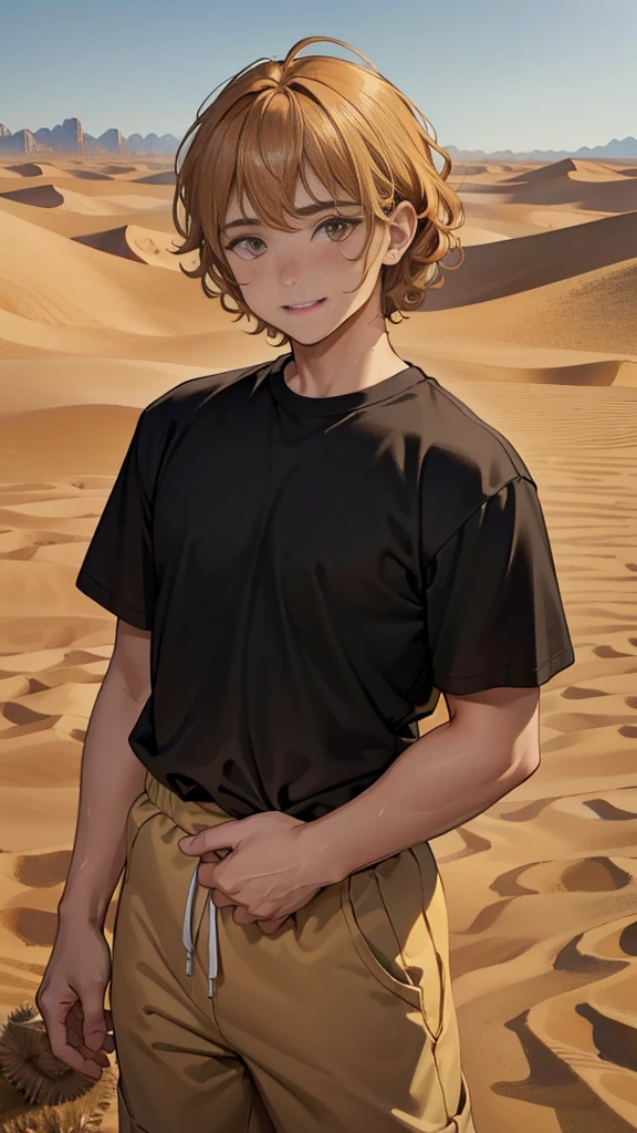 (masuter piece, best quality, very detailed), (fine face), 1 boy, 13 year old boy、standing、from the waist up、golden hair、curly hair、bangs、lots of bangs、brown Eyes、Slight smile、Plump、t-shirt 、Game graphics、Ilya Repin , (in desert:1.5) , ambulance