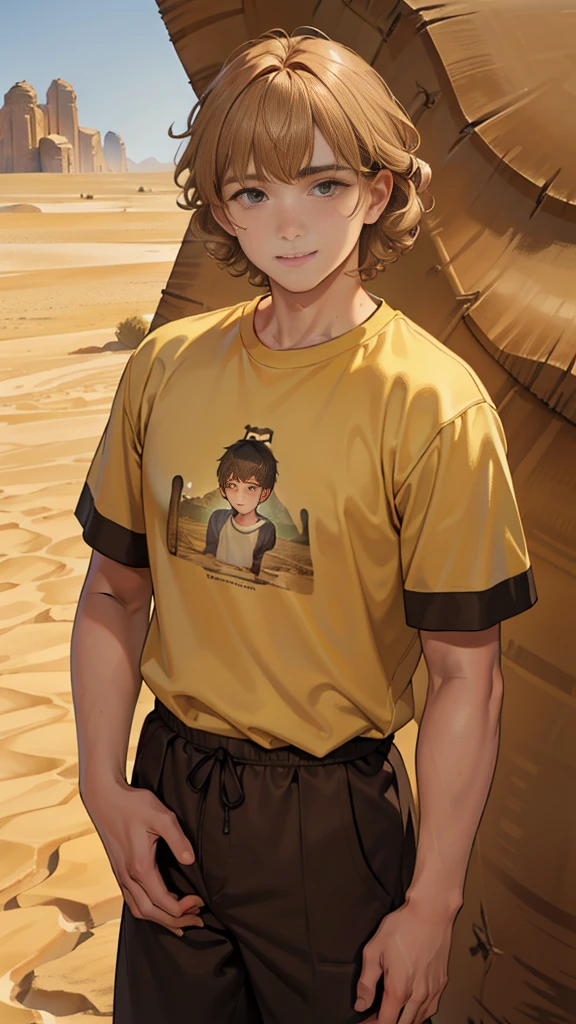 (masuter piece, best quality, very detailed), (fine face), 1 boy, 13 year old boy、standing、from the waist up、golden hair、curly hair、bangs、lots of bangs、brown Eyes、Slight smile、Plump、t-shirt 、Game graphics、Ilya Repin , (in desert:1.5) , ambulance