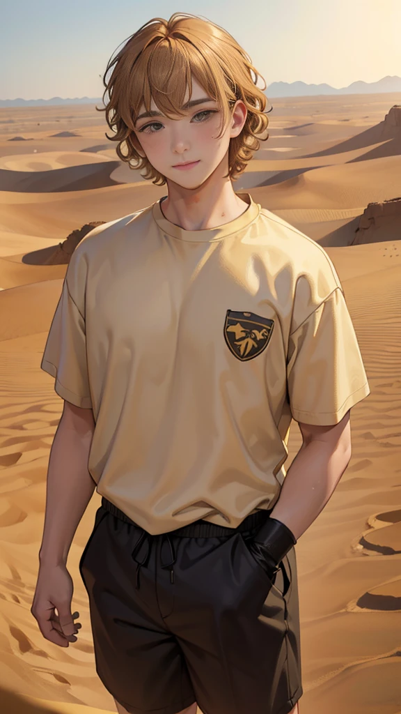(masuter piece, best quality, very detailed), (fine face), 1 boy, 13 year old boy、standing、from the waist up、golden hair、curly hair、bangs、lots of bangs、brown Eyes、Slight smile、Plump、t-shirt 、Game graphics、Ilya Repin , (in desert:1.5) , ambulance