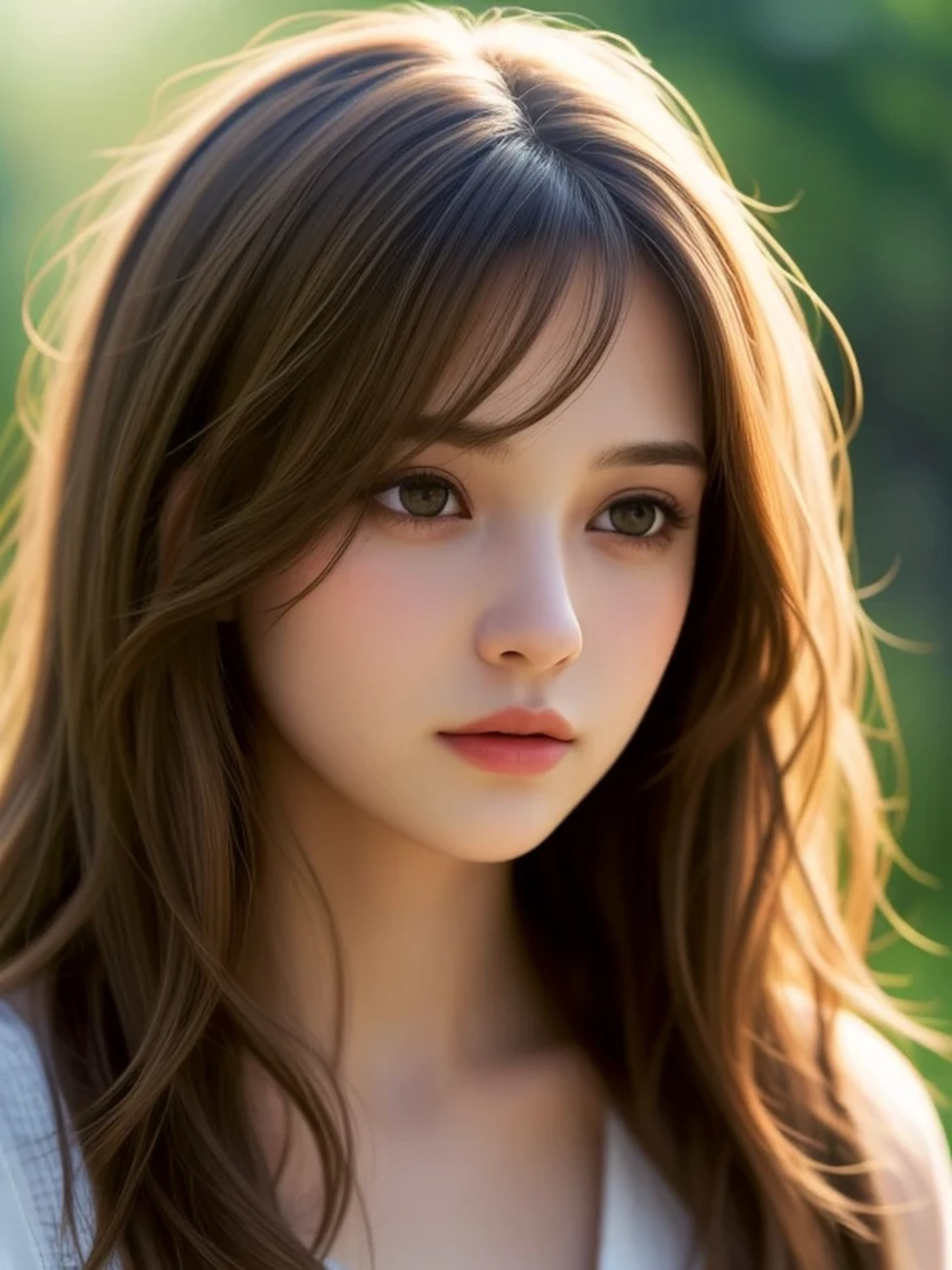 (looking away:1.4), (upper body shot:1.2), Realistic digital painting of a woman portrait, Shy, Cute, open mouth to say something, sad, brown eyes, (Wavy medium Hair:1.1), (light brown brunette hair:1.3), (Highly detailed skin:1.2), Mystical style, Global Illumination,
