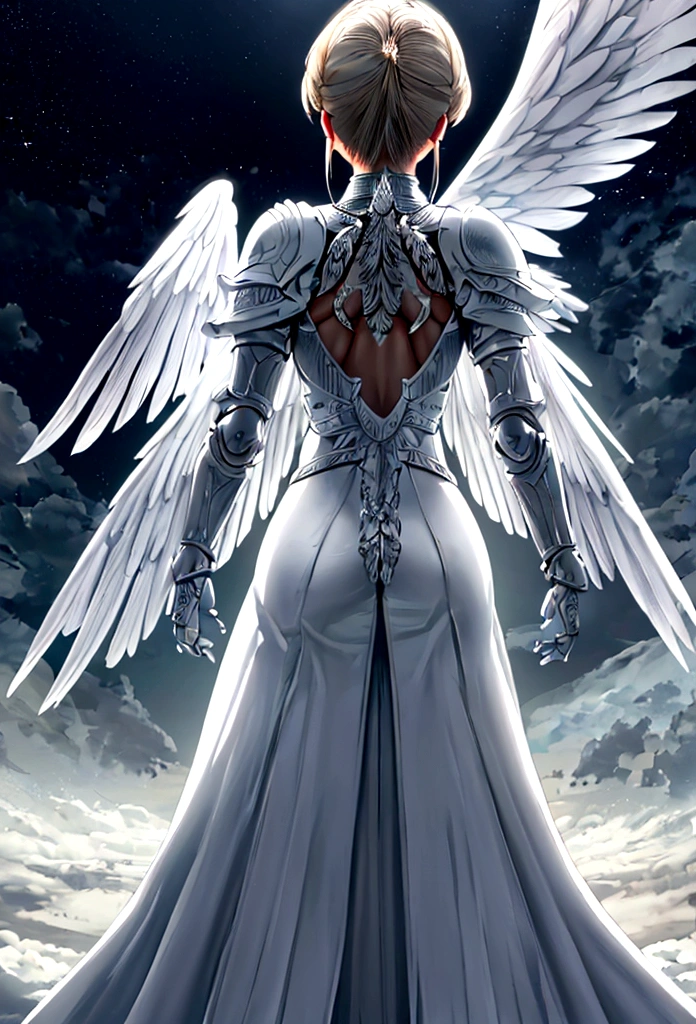 (a back view model shot taken from the back: 1.5), female angel (Masterpiece, intense details: 1.3), paladin, holy warrior, short blond hair, determined face, full body, armed with sword, holy symbol, (wearing white armor: 1.3), ((fully dressed: 1.5)), (wings sprouting from the back: 1.3) spread large feathered wings, majestic wings, white angelic wings, moon light, moon, stars, clouds, cemetery background, anatomically correct (Masterpiece, intense details: 1.3), god rays, cinematic lighting, glowing light, photorealism, panoramic view, Wide-Angle, Ultra-Wide Angle, 16k, highres, best quality, high details, ultra detailed, masterpiece, best quality, (extremely detailed), arafed, dnd art, armored dress