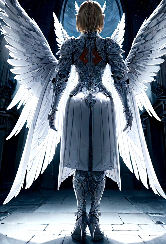 (a back view model shot taken from the back: 1.5), female angel (Masterpiece, intense details: 1.3), paladin, holy warrior, short blond hair, determined face, full body, armed with sword, holy symbol, (wearing white armor: 1.3), ((fully dressed: 1.5)), (wings sprouting from the back: 1.3) spread large feathered wings, majestic wings, white angelic wings, moon light, moon, stars, clouds, cemetery background, anatomically correct (Masterpiece, intense details: 1.3), god rays, cinematic lighting, glowing light, photorealism, panoramic view, Wide-Angle, Ultra-Wide Angle, 16k, highres, best quality, high details, ultra detailed, masterpiece, best quality, (extremely detailed), arafed, dnd art, armored dress