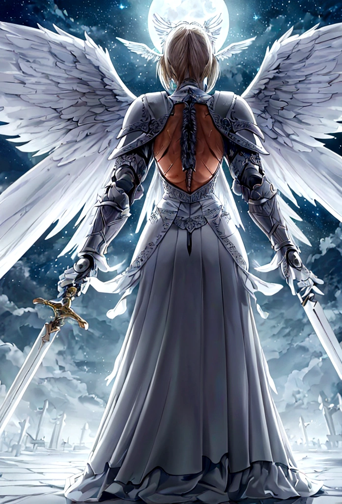 (a back view model shot taken from the back: 1.5), female angel (Masterpiece, intense details: 1.3), paladin, holy warrior, short blond hair, determined face, full body, armed with sword, holy symbol, (wearing white armor: 1.3), ((fully dressed: 1.5)), (wings sprouting from the back: 1.3) spread large feathered wings, majestic wings, white angelic wings, moon light, moon, stars, clouds, cemetery background, anatomically correct (Masterpiece, intense details: 1.3), god rays, cinematic lighting, glowing light, photorealism, panoramic view, Wide-Angle, Ultra-Wide Angle, 16k, highres, best quality, high details, ultra detailed, masterpiece, best quality, (extremely detailed), arafed, dnd art, armored dress