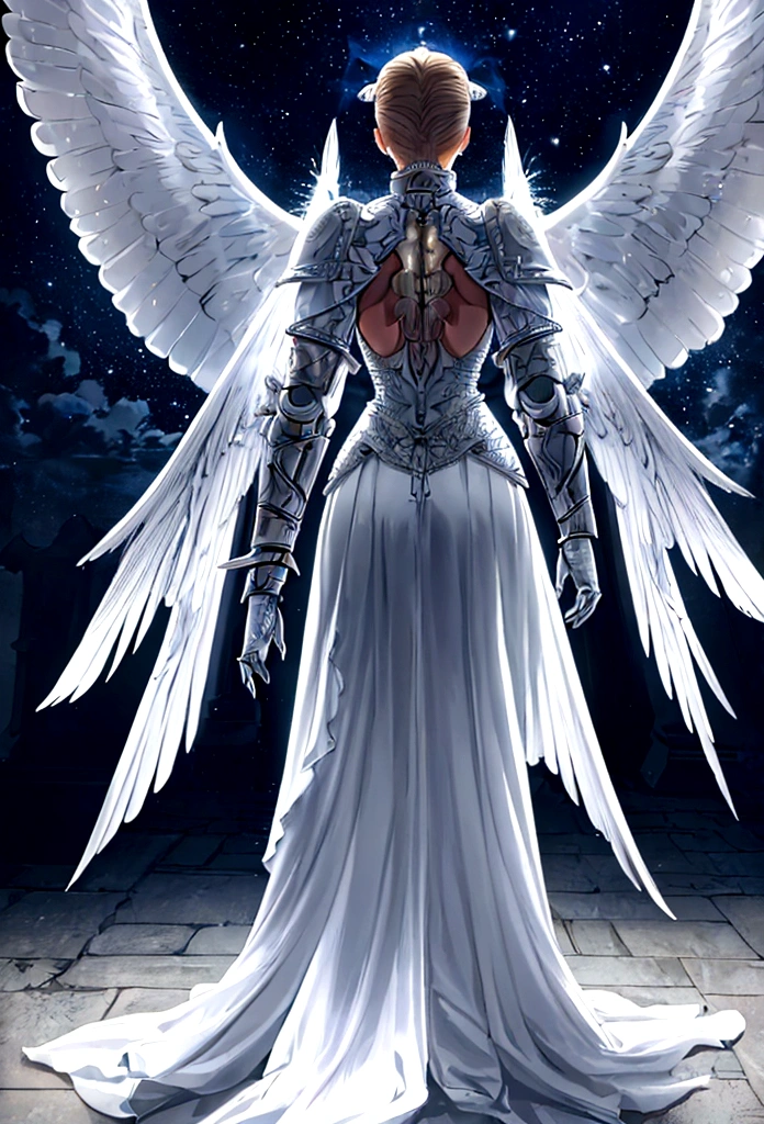 (a back view model shot taken from the back: 1.5), female angel (Masterpiece, intense details: 1.3), paladin, holy warrior, short blond hair, determined face, full body, armed with sword, holy symbol, (wearing white armor: 1.3), ((fully dressed: 1.5)), (wings sprouting from the back: 1.3) spread large feathered wings, majestic wings, white angelic wings, moon light, moon, stars, clouds, cemetery background, anatomically correct (Masterpiece, intense details: 1.3), god rays, cinematic lighting, glowing light, photorealism, panoramic view, Wide-Angle, Ultra-Wide Angle, 16k, highres, best quality, high details, ultra detailed, masterpiece, best quality, (extremely detailed), arafed, dnd art, armored dress