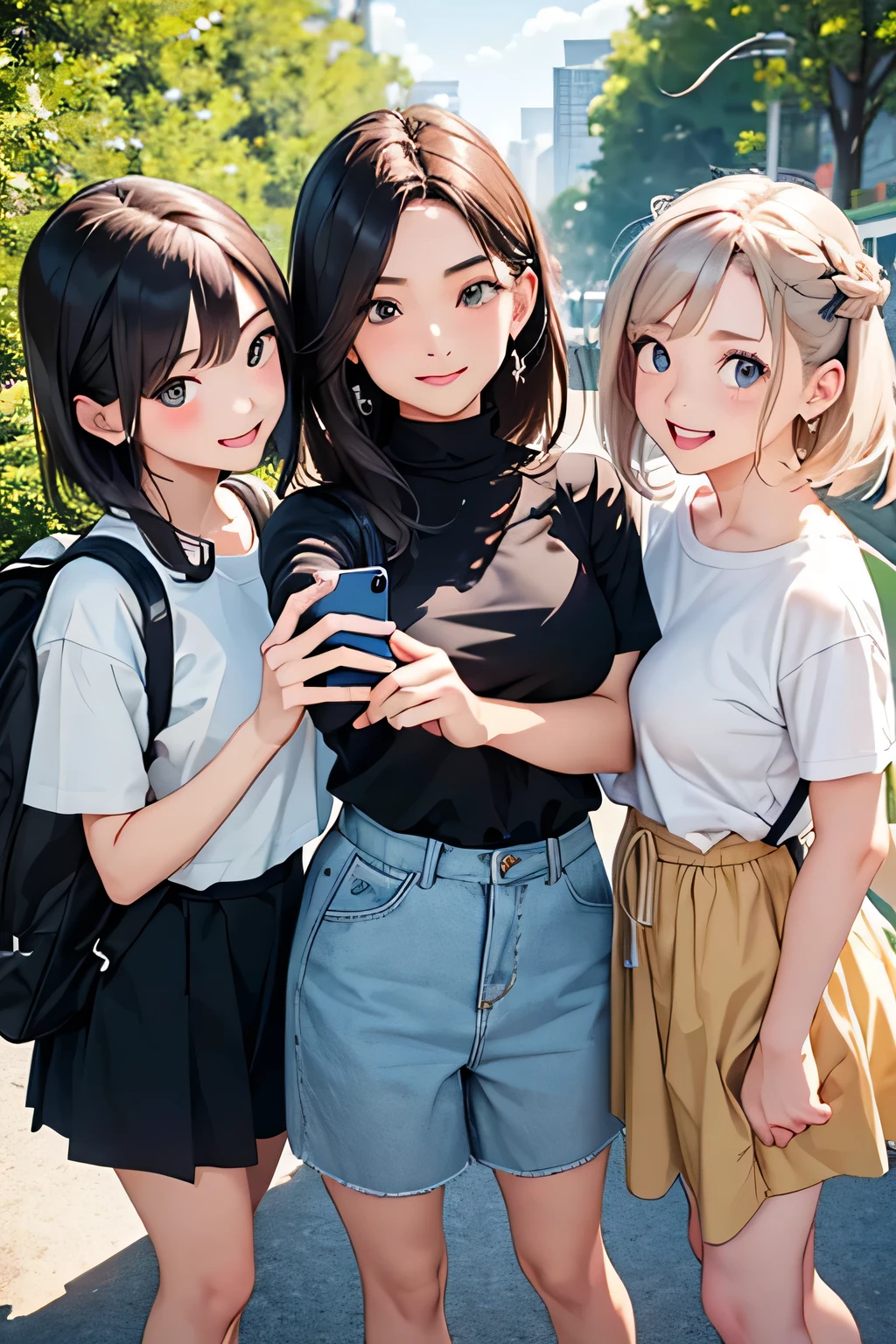 highest quality、High resolution、Detailed Background、(Beautiful face in every detail:1.4)、Anatomically correct、(Detailed facial expressions)、(Detailed eyes:1.2)、Teenage beauty、(Highly detailed face:1.4)、(Detailed eyes:1.2)、(Huge breasts:1.2)、cute hair color、Braided bob cut、Braided Ponytail、cute hairstyle、well-groomed eyebrows、Smiling、A fun atmosphere、Cute gestures、Cowboy Shot、
(Three beautiful girls taking a selfie with big smiles:1.5)、
Beautiful natural scenery such as lush parks, blue skies and white clouds make a great background.、
The silhouettes of skyscrapers and modern architecture create a sophisticated atmosphere.、The illuminated buildings at dusk are particularly impressive.、Bright flowers々The lush greenery adds a touch of natural color.、Flowers in a vase, garden views, etc.、
Colorful graffiti and artwork on the walls create an artistic atmosphere.、
T-shirts and polo shirts、Long sleeve cut and sew、Shorts、Flared skirts and culottes are cute.、
sneakers、Sandals、Backpack、Sacoche、Caps and bucket hats are cute、cute