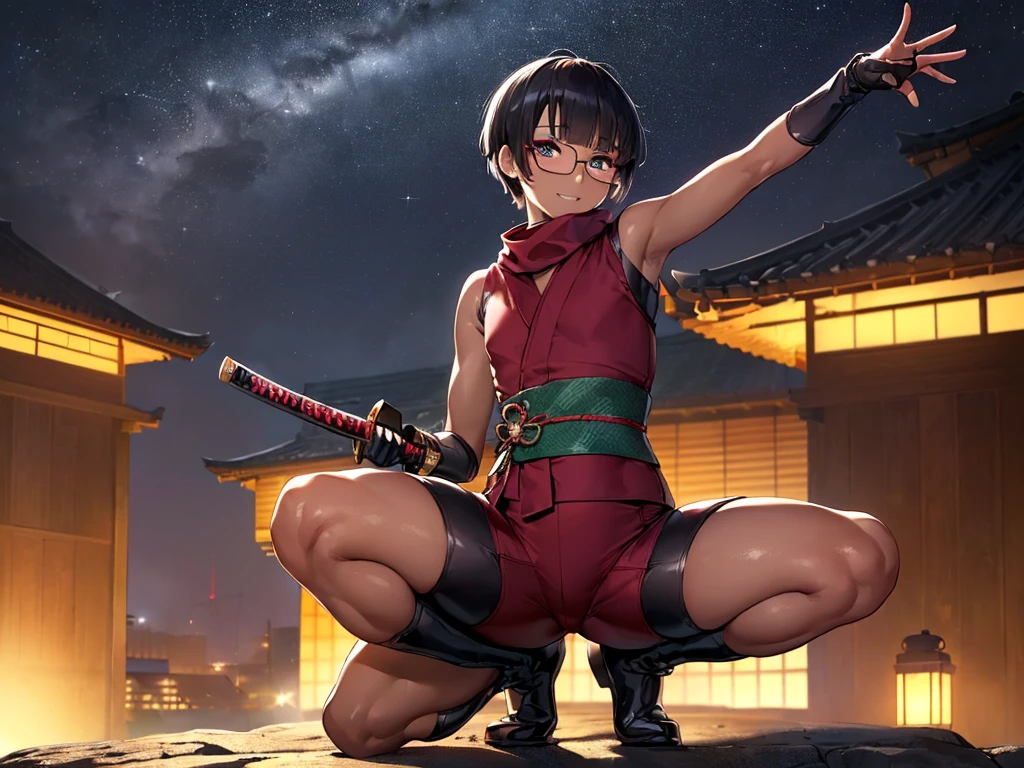 (flat chest:), (masterpiece:1.2), highest quality, High resolution, unity 8k wallpaper, (fine and beautiful eyes:1.6), highly detailed face, perfect lighting, Detailed CG, (perfect hands, perfect anatomy), (1 boy solo:1.4), 20 years old, black hair, extremely beautiful detailfeminine face and eyes, (evil smile:1.4), detailed eyes, best quality,( dark skin:1.8), (turtleneck shirt under yukata:1.2), (bike shorts:1.2), extremely detailed, very precise detailed, (glasses:1.3), blunt bangs, open mouth, (very short pixie cut:1.2), boots,fingerless gloves, smile, half closed eyes, ,(on kawara roof),night sky, ,long sidelocks,(long red Scarf),(yukata),(squatting), ears,(acrobat pose:1.3),(squat:1.3),leaning forward,(one knee dwon:1.5),(Put one foot in front:1.3),(stylish pose:1.4),(2 legs:1.9),(arm up:1.4),(grab katana:1.3)