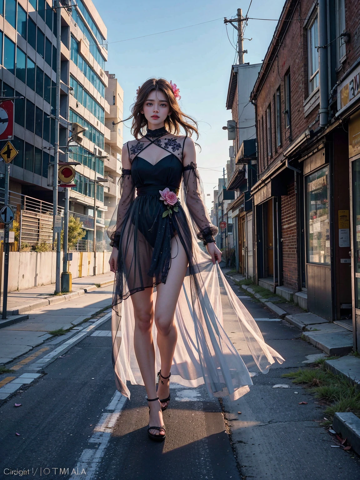 A cinematic photo of a brunette fashion model wearing a magical lilal flower petal-made dress, as she strides confidently through a desolate, dark post-apocalyptic cityscape, capturing the stark juxtaposition of beauty and decay, with the model's flawless skin glowing like a beacon of hope amidst the ravaged urban landscape. photographed with a shallow depth of field to blur the bleak surroundings, emphasizing her striking, rebellious pose. full body, golden hour.