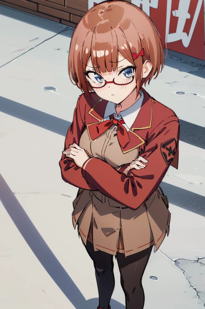 (extremely detailed CG unity 8k wallpaper), (masterpiece), (best quality), (ultra-detailed), (best illustration), (best shadow), (absurdres), 1girl, solo, ogata rizu, (school uniform, red jacket:1.2), (brown skirt:1.2), (black leggings:1.2), looking at viewer, pout, standing, crossed arms, cowboy shot,(((nsfw)))