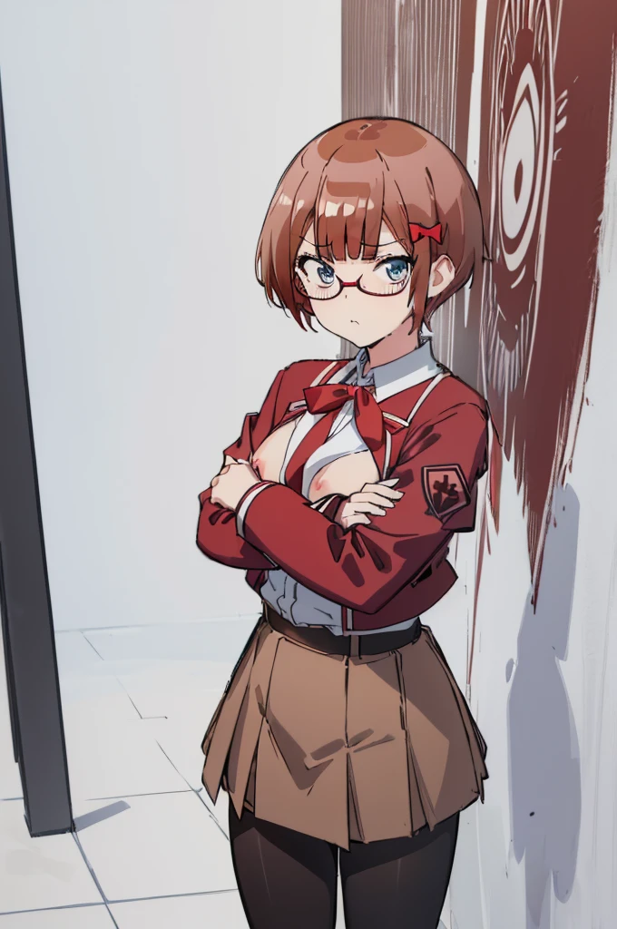 (extremely detailed CG unity 8k wallpaper), (masterpiece), (best quality), (ultra-detailed), (best illustration), (best shadow), (absurdres), 1girl, solo, ogata rizu, (school uniform, red jacket:1.2), (brown skirt:1.2), (black leggings:1.2), looking at viewer, pout, standing, crossed arms, cowboy shot,(((nsfw)))