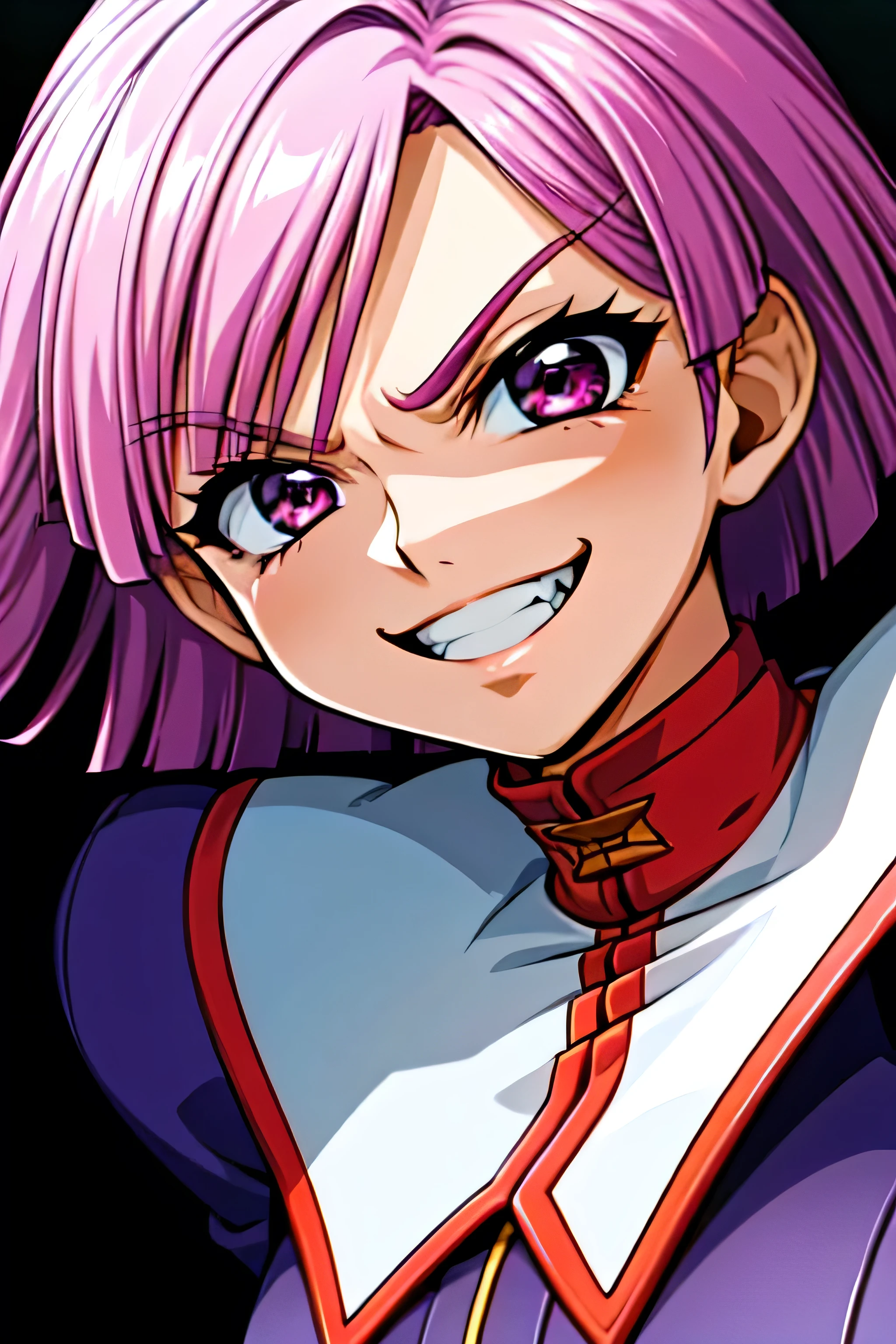 (best_quality 4K, 8K, High resolution, Masterpiece: 1.2), ultra detailed),from_below,(anime_screencap),(1girl,solo),dynamic_angle,too evil_smile,too evil laugh at,tis,deep shadeded_face,too sadistic,smile worst,,bob short  hair,,,looking at viewer,upper body,