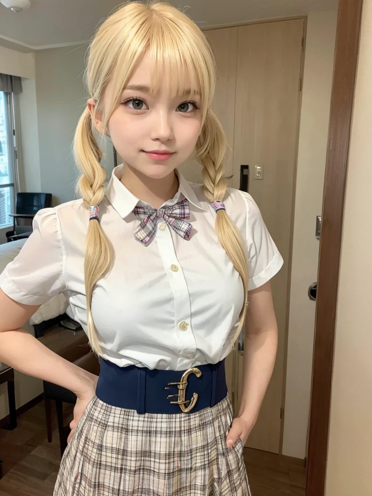 posing for camera, blonde hair, bangs, pigtails, preppy outfit, hotel room