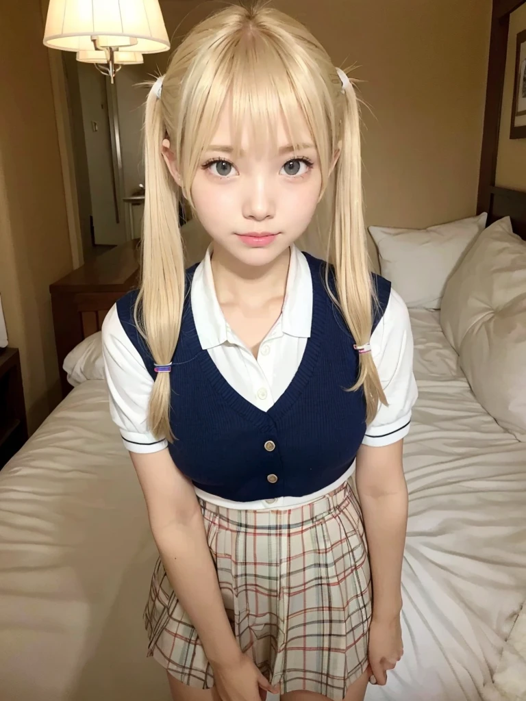 posing for camera, blonde hair, bangs, pigtails, preppy outfit, hotel room