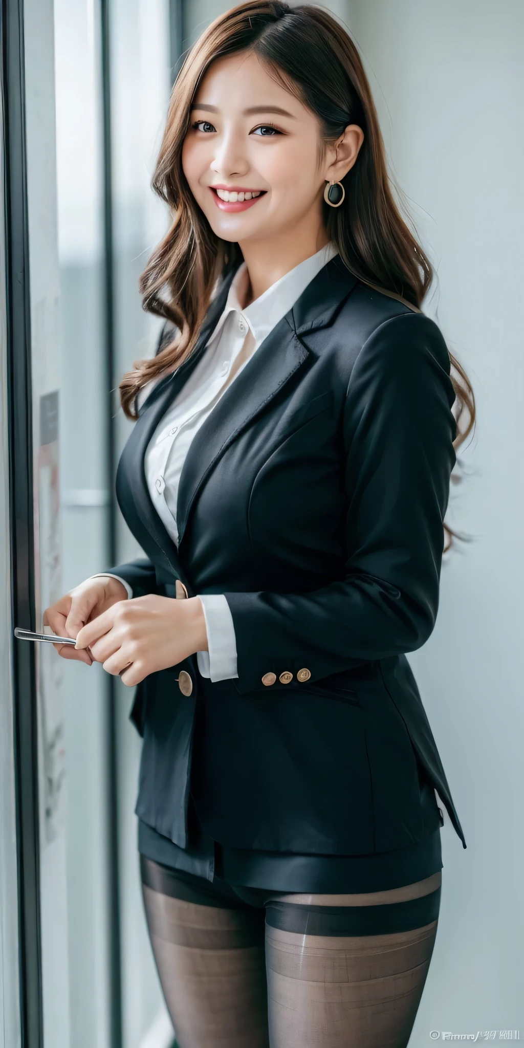 (8k, highest quality, masterpiece:1.2), (Realistic, Photorealistic:1.37), Ultra-detailed, Big Tits Girls, (Very large breasts bigger than a face), (Button gap), Esbian all over, outside of home, (Tuned Hair:1.5) office lady, black office blazer, Office Skirt, (pantyhose: 1.2)、(Short Button Down Shirt:1.2)、Button-up collar prim、Button-down collar prim、here、(pantyhose:1.2)、Alpha Layer、High heels、Earrings Beautiful、cute、solo、Beautifully detailed skies、(Laughter:1.15)、(Mouth closed)、Big ample breasts、Beautiful details in the eyes、business suit、（Long Hair：1.55）、Floating hair NovaFrogStyle、