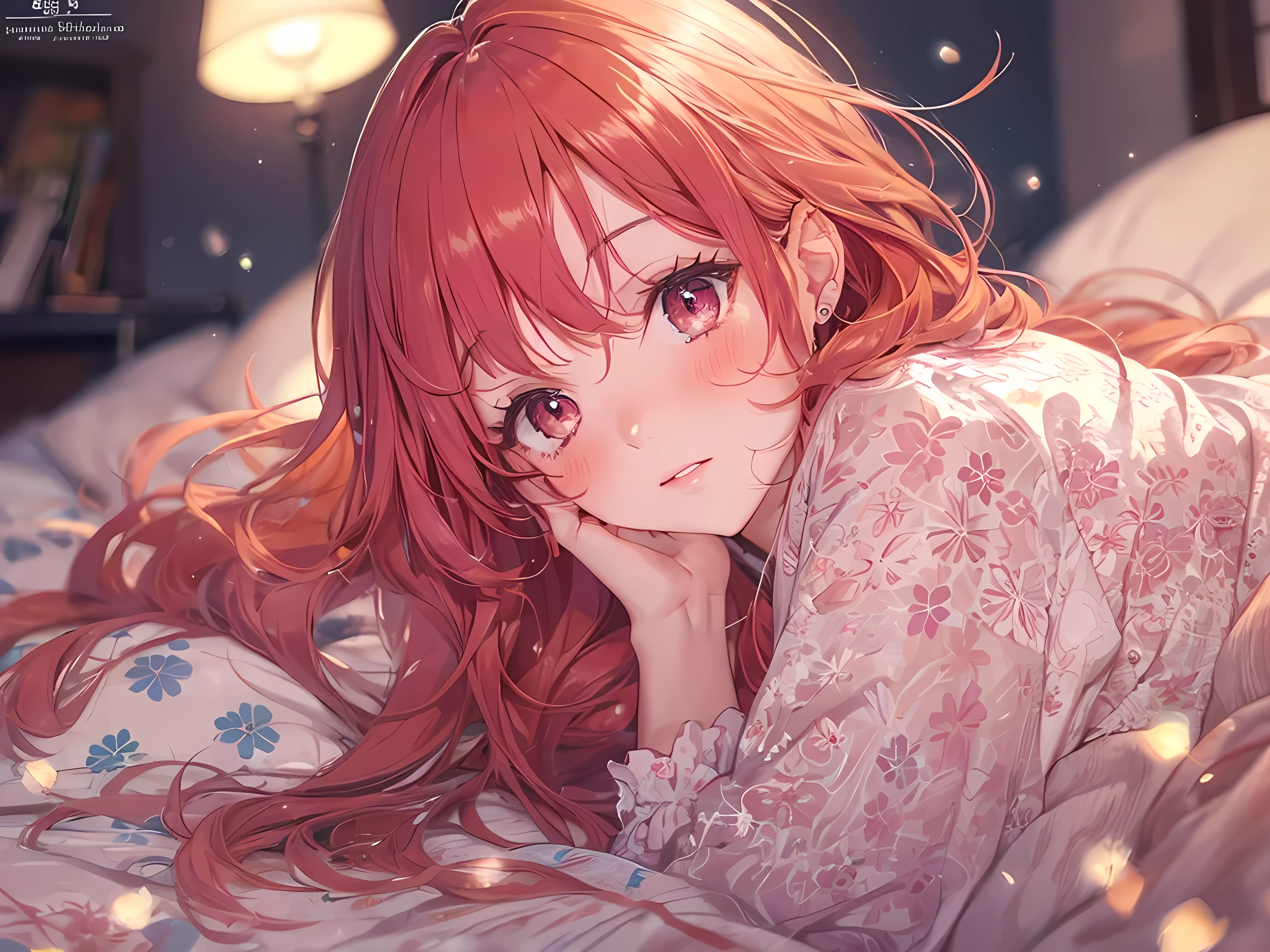 beautiful young woman, anime style, detailed face, red hair, hair down, large eyes, pink eyes, delicate features, soft lighting, wearing pajamas, lying in bed, hugging pillow, cozy bedroom, relaxed posture, night scene, soft blanket, peaceful expression, detailed background, Japanese anime style, hand-drawn, high quality, highly detailed, 8k resolution, cinematic lighting, best quality, vibrant colors