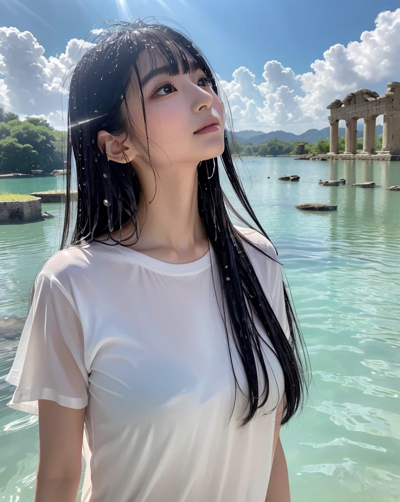 (highest quality, 32k, High resolution, Masterpiece:1.5, ), marimo_jet, god々A photograph with brilliant dazzling and healing power., Evoking a sense of calm and elusive beauty, Expressing emotions, Have a rich imagination,Beautiful Japanese Girls, An exceptionally beautiful face, Small Face Beauty, ((Profile looking up at the sky:1.2)), Perfect Human Anatomy, Magical big eyes, Motherhood and generosity, Deep Love, fleeting smile, shiny wet black hair, Super Long Straight Silk Hair, Asymmetrical bangs, Hair between the eyes, Transparent, soft white skin, Sharp eyebrows, Thin lashes, Natural Makeup, Cheek highlighter, Pale pink detailed lips, , ((Wet white t-shirt:1.2)), Slim figure with ample breasts, High resolutionの美しい太もも, ((Ancient ruins submerged in a blue lake:1.3)), ((It rains:1.2)), ((Background of light shining through a gap in the cloudy sky:1.3)), Dazzling Sun, Professional Lighting, Professional photographer, Professional models, god秘的