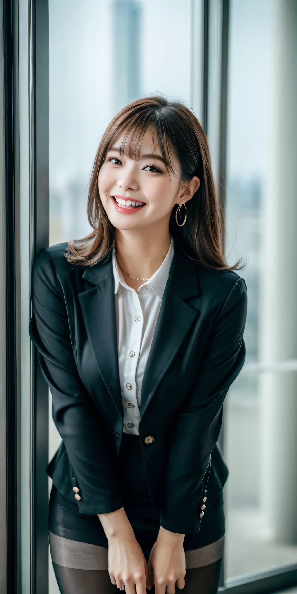 (8k, highest quality, masterpiece:1.2), (Realistic, Photorealistic:1.37), Ultra-detailed, Big Tits Girls, (Very large breasts bigger than a face), (Button gap), Esbian all over, outside of home, (Tuned Hair:1.5) office lady, black office blazer, Office Skirt, (pantyhose: 1.2)、(Short Button Down Shirt:1.2)、Button-up collar prim、Button-down collar prim、here、(pantyhose:1.2)、Alpha Layer、High heels、Earrings Beautiful、cute、solo、Beautifully detailed skies、(Laughter:1.15)、(Mouth closed)、Big ample breasts、Beautiful details in the eyes、business suit、(Long Hair:1.55)、Floating hair NovaFrogStyle、
