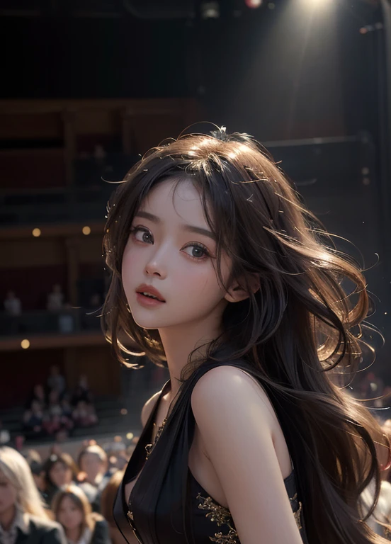 Beautiful girl on stage, sing, Dance and performance, (Cinematic, Atmospheric perspective)Very detailed, Realistic (1.3) Masterpiece portrait of a girl with long hair, Dynamic angle of messy hair, Installed in a world-class theater with superior cinema lighting, Lens flare, Dunhuang-style artistic sense, 8K resolution wallpaper quality, highest quality,Perfect face