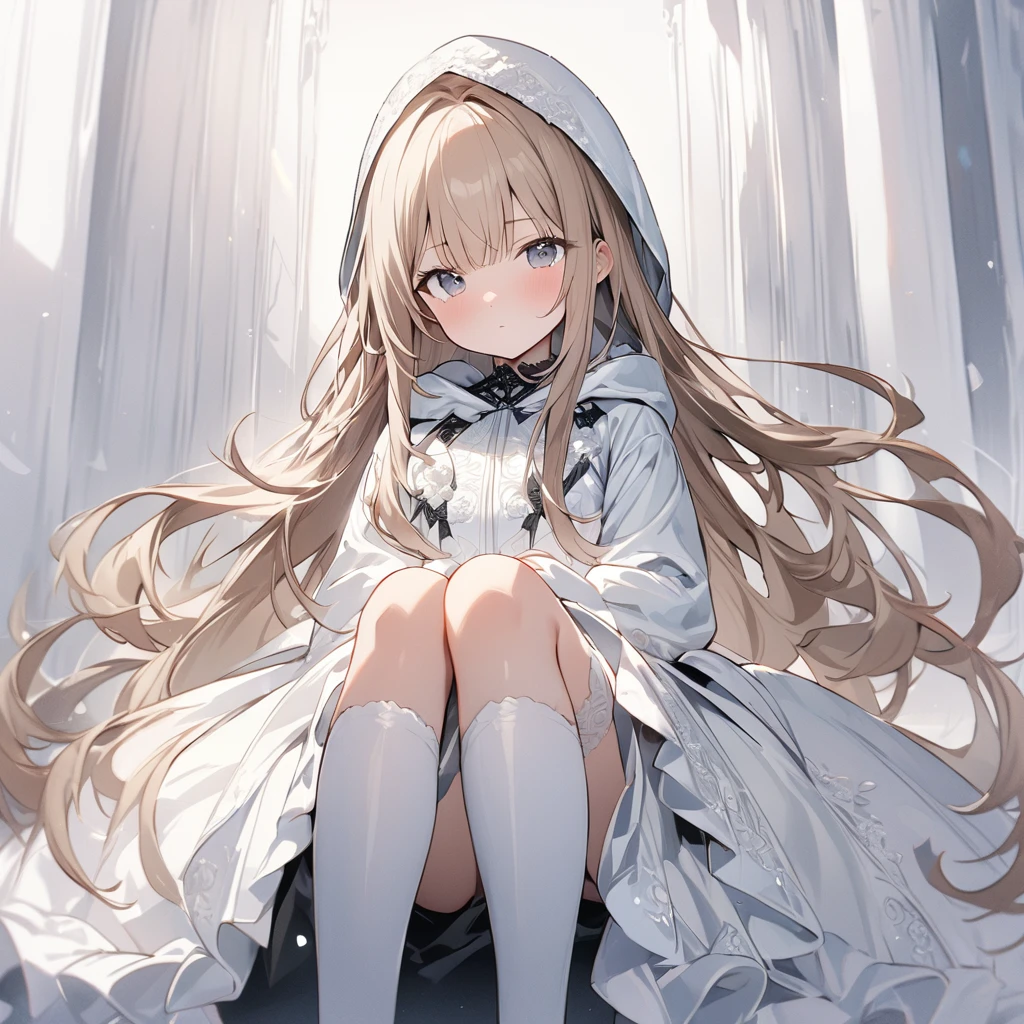 ((highest quality)), ((masterpiece)), ((Very detailed)), (Very cute),A woman with soft, silky light brown hair, about 165cm tall.,Hooded wedding dress in white and black colors, alone, Cute attitude,(background(bright),Long Hair - Straight,Knee-high socks、A highly decorated black and white wedding dress with a hood,White wall、Sitting、Face is close、Being in a white room、Facing the viewer、Illustration-like feel