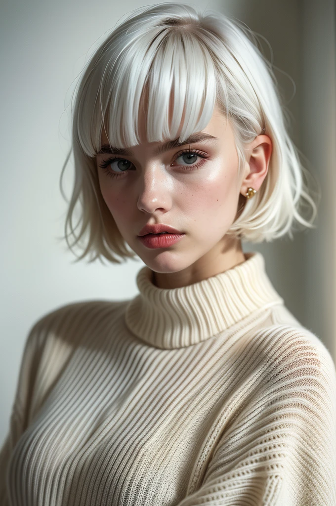 Instagram Photos, French woman, 21 years old, square hair cut,White hair, Close-up portrait, sweater, Neckline, pale, Sharp Shadow