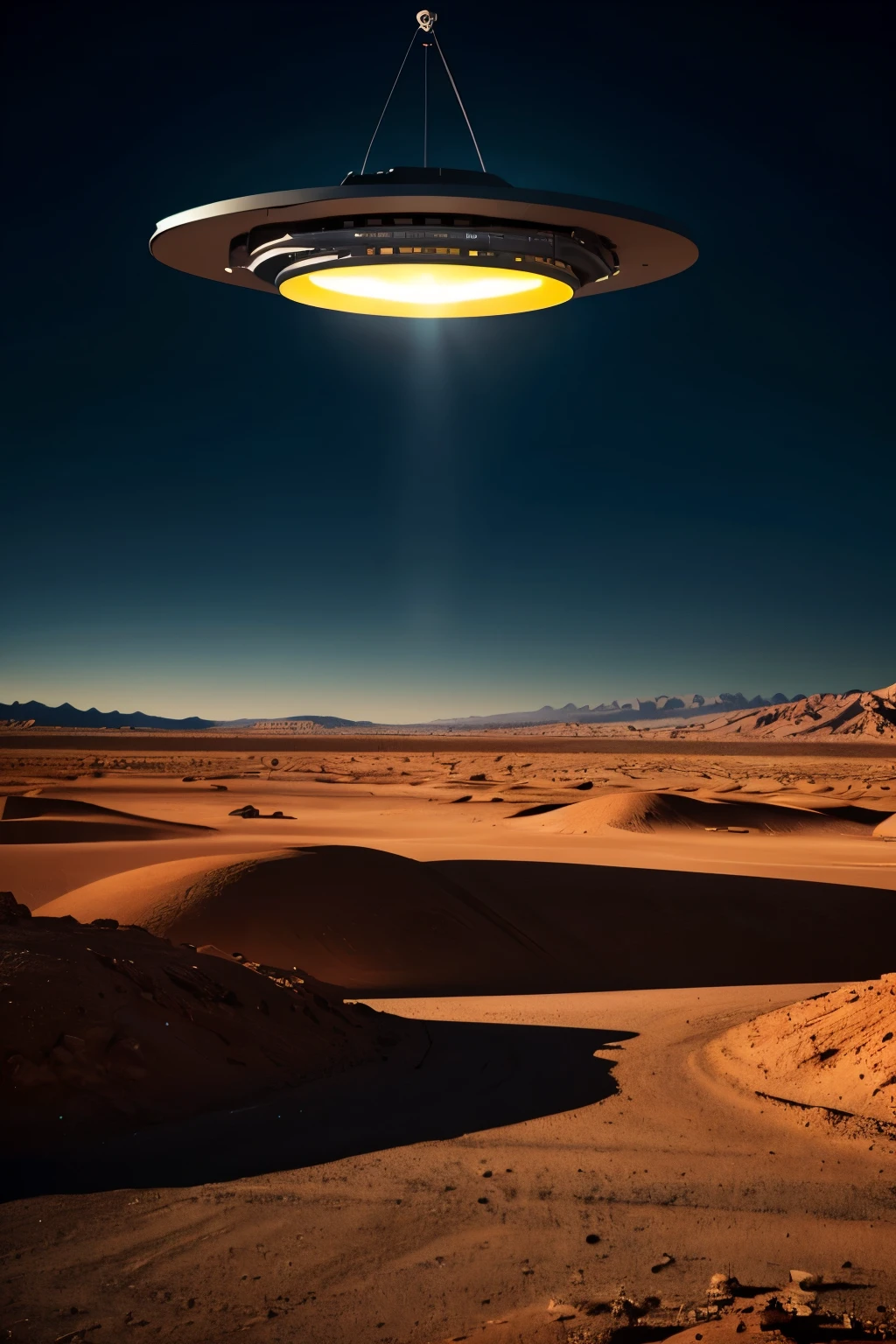image of area 51 in Nevada, with a flying saucer image flying over the site, realistic in size 16:9, dramatic cinematic composition, extremely detailed, hyper realistic, high quality, 8k, photorealistic, dramatic lighting, deep shadows, bright antigravity propulsion systems, shiny metallic hull, intricate details, mysterious and foreboding atmosphere, vivid colors, supernatural glow