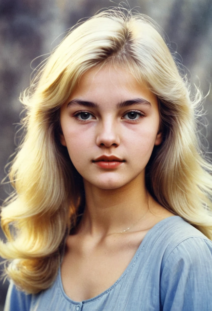 color photo of a beautiful girl 20 years old, university student in the USSR, 1980s, blonde. Photo from school yearbook Expected
