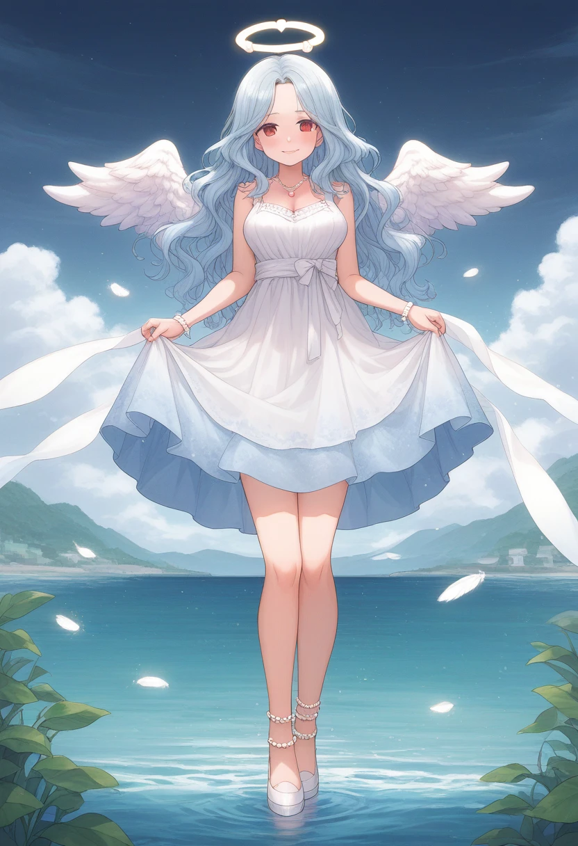 score_9, score_7_up, score_6_up, 1girl, source_cartoon, source_anime,breathtalking Scenery,watercolor,smooth soft skin, natural skin,full body,
BREAK
(20 years old:1.2),1girl, (large breasts:1.3),Oily skin,smile,ultra cute face,(alluring physique:0.9),(Clione girl),coquettishly,slender,
BREAK
(Long wavy hair:1.4), (Light blue hair:1.3),(pearlwhite angel wings round fold:1.5),(red eyes:1.1),wings round close, eyes open,(angel wings inspired by ice and snow),large intake hairstyle,
BREAK
(Perfect red Heart shaped angel halo:1.5),(Heart shaped red angel halo of light:1.1),(Heart mark angel halo:1.5),(Heart shaped pendant:1.3),garnet,
BREAK
white dress inspired by sea ripples and seaweed,wears transparent dress evoking the waves, Elaborate accessories crafted from sea jewels,pale blue dress inspired by ice,dress inspired by snow,(Sash:1.2),red Sash with red heart shaped gem,crystal dress,