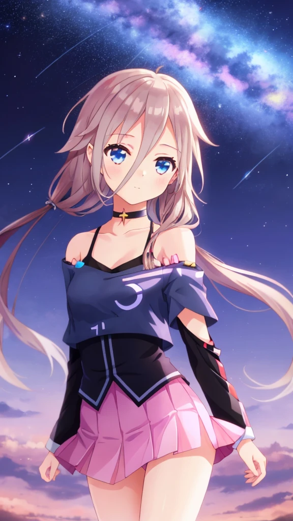 one girl, IA, Vocaloid, CeVIO AI, short skirt, black shirt, off shoulder, choker, beauty, starry sky, mysterious girl, close to girl, Aria on the Planetes, slender, cool, straight hair, cowboy shot, face focus, cute, happily