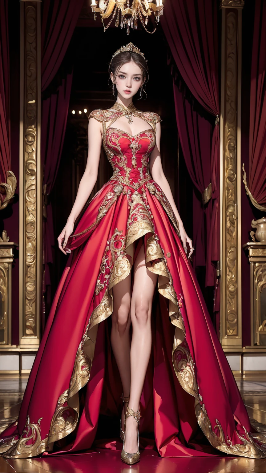 ((Masterpiece, Best quality,Edge quality)),face expressionless,Slim body,High percentage,(Baroque style,red colour,Court dress dress,Dignified and noble,Full body photo of leaky girl standing,Photos of the catwalk from head to toe,High heels,CLASSICSTYLE,edgTM, a woman on the ((Court evening dress)) Stand on the catwalk ,Wearing edgTM_In fashion style, Baroque style,Rococo dress