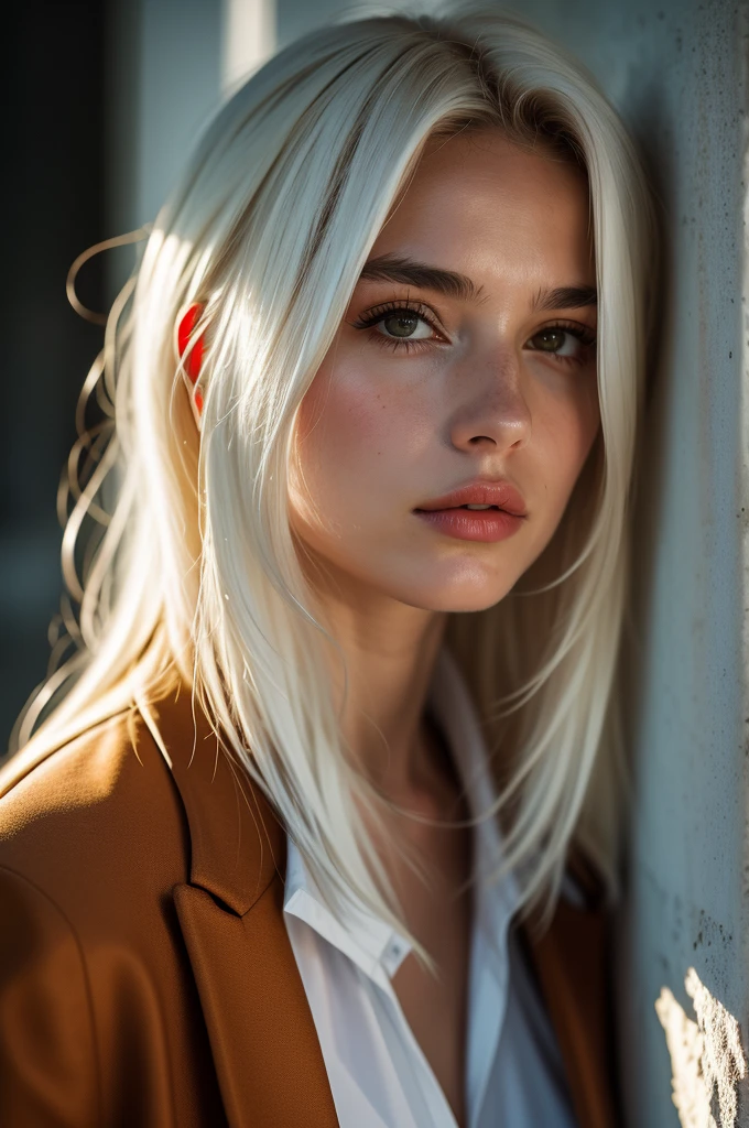 Instagram Photos, French woman, 21 years old, Long Hair,White hair, Close-up portrait, Jacket,shirt, Neckline, pale, Sharp Shadow