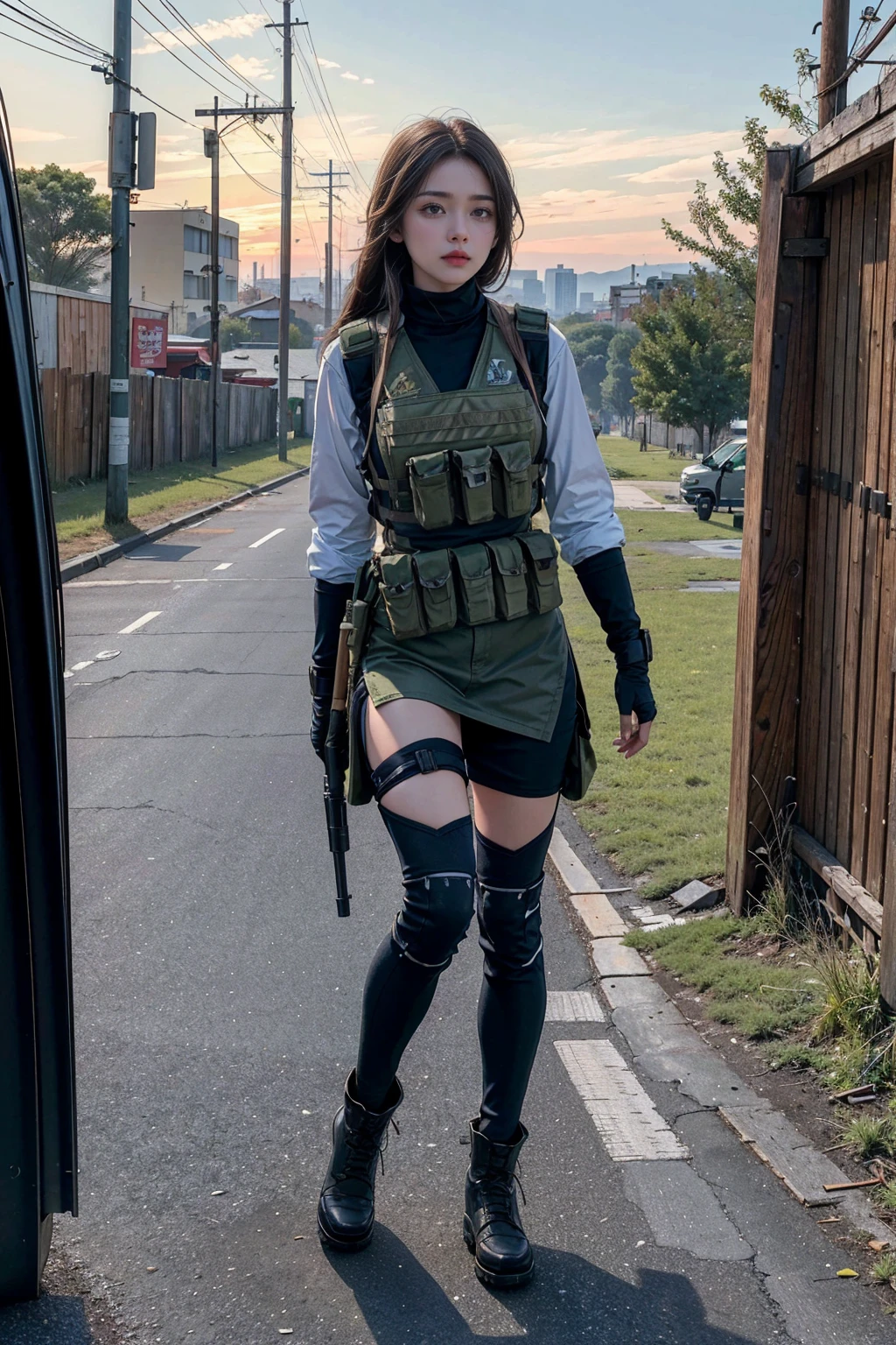 (best quality, 4k, 8k, highres, masterpiece:1.2), ultra-detailed, hyper-realistic, full_body, a military operative travelling the ruins of bgc wearing full tactical gear, walking towards viewer looking towards viewer, unique, ray tracing, dark hair, long free flowing hair, plate carrier vest with magazines, m4a1 (girls' frontline), leggings, full battle gear, combat boots, photo realistic, dynamic lighting, volumetric lighting, very detailed faces, 4k, 1girl, insane details, perfecteyes, insane details, high details ,insane details ,high details,High detailed ,Color magic,tacticool