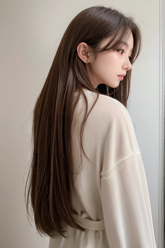 highest quality、High resolution、quiet、Silence、woman、one person、long hair、Straight Hair、Brown Hair、Shiny hair、Long sleeve、White wall、Backwards、Back view、No camera look、₍ Buckshot 1.5₎