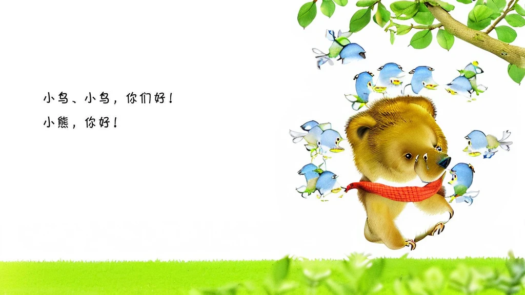 Hyperrealistic style, Warmth and healing, Pixar animation style, A chubby brown bear with a red scarf, Q Cute, Humble and cute, Lots of chubby blue birds, White background, There are branches and green leaves above the head, grassland, Rich and delicate details, 3D Rendering, Rim Light, Light Effect, Volumetric Light, photography, Ultra-clear