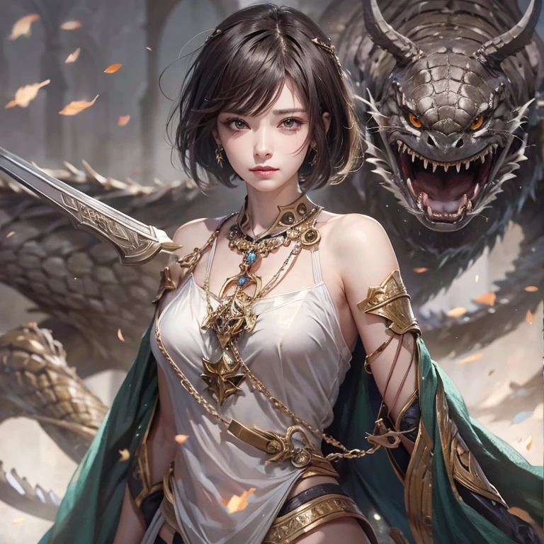 Woman in ancient battle attire、Serious expression、Short-haired、Deadly position, Gorgeous Necklace, Beautiful and seductive woman, Realistic and perfect body, Perfect body with realistic shadows, A woman with reptilian eyes and fangs:1.5、8K
