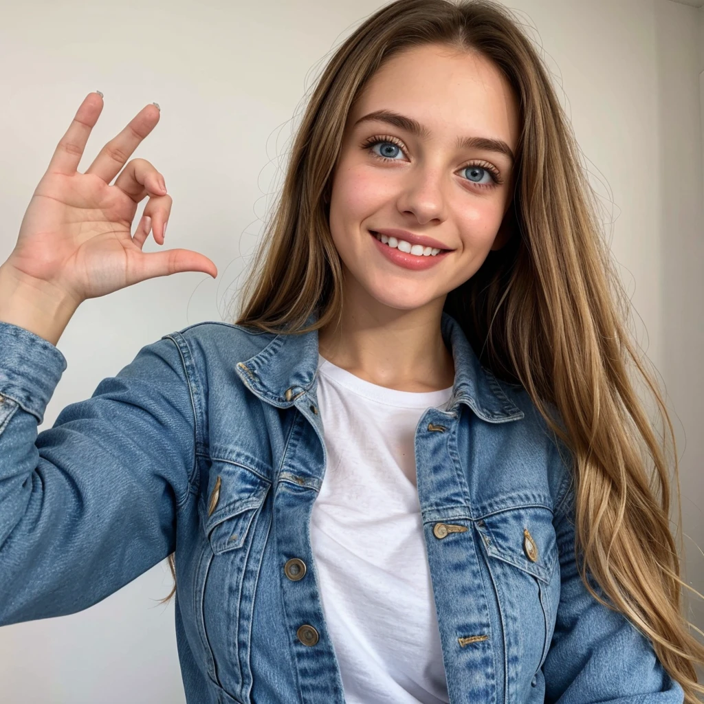 one cute women, 22YO, white, Arab, cute face, realistic brown eyes, blue jacket, blonde/brown hair, cute smile, skinny face, white realistic teethes, big eyes, long hair, no hands