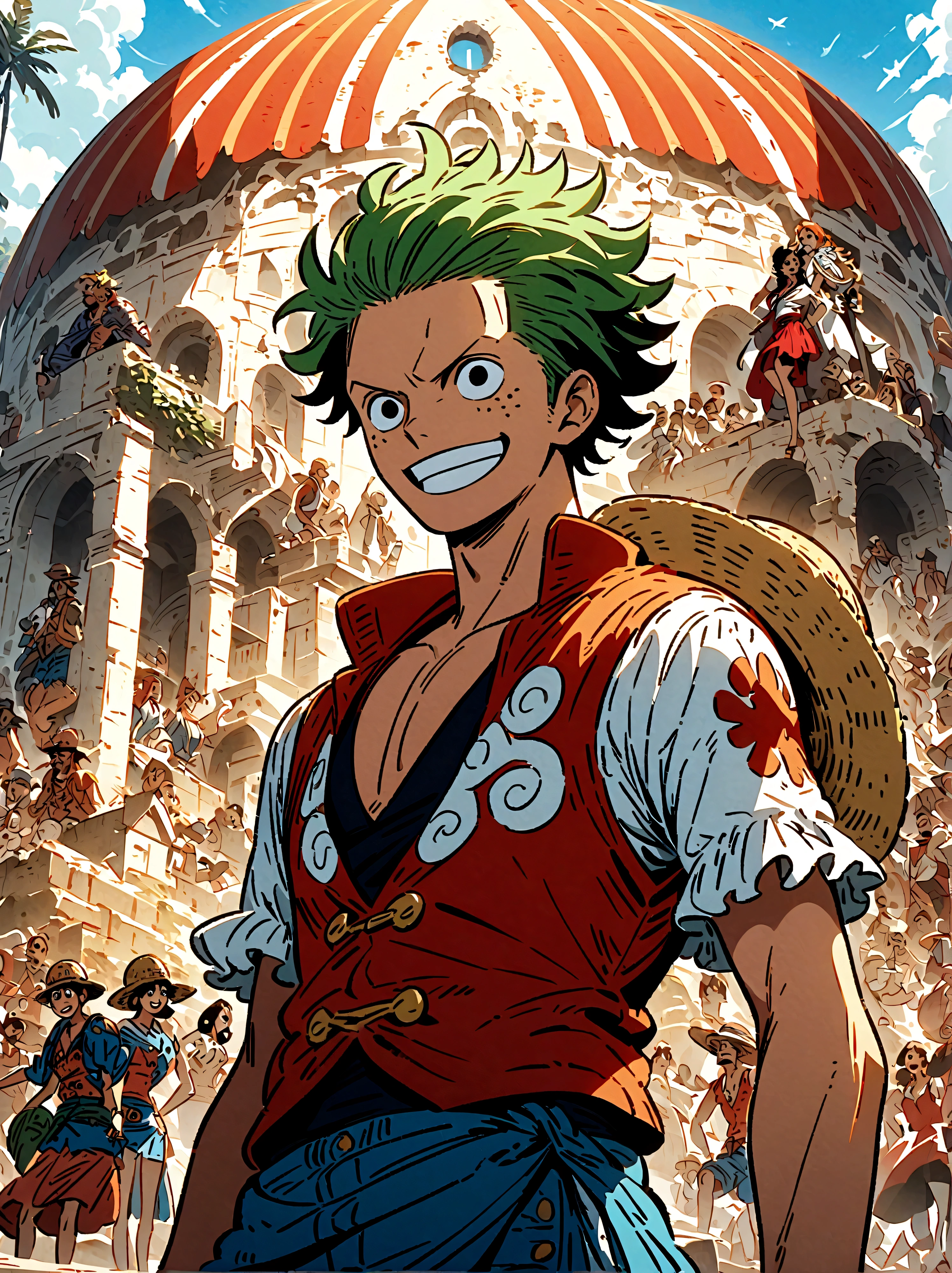 Japanese anime One Piece, Create an expansive illustration reminiscent of the popular action-adventure anime series. It should have a different group of brave explorers. Each character has its own uniqueness. One is tall and thin、A man with black spikes, Wearing a red vest, Blue shorts, and a straw hat. His cheerful personality and love of adventure are evident in his bright smile. Another character is a man with slicked back hair, Shoulder-length light moss green hair, Dressed in exquisite burgundy clothing, His demeanor reflects his dignity and maturity.. The third character is a beautiful and elegant young woman, She has orange hair，Wearing a simple vest and a mini skirt. The stunning blue sea covers the entire background, It adds a dangerous and exciting atmosphere to the whole scene.