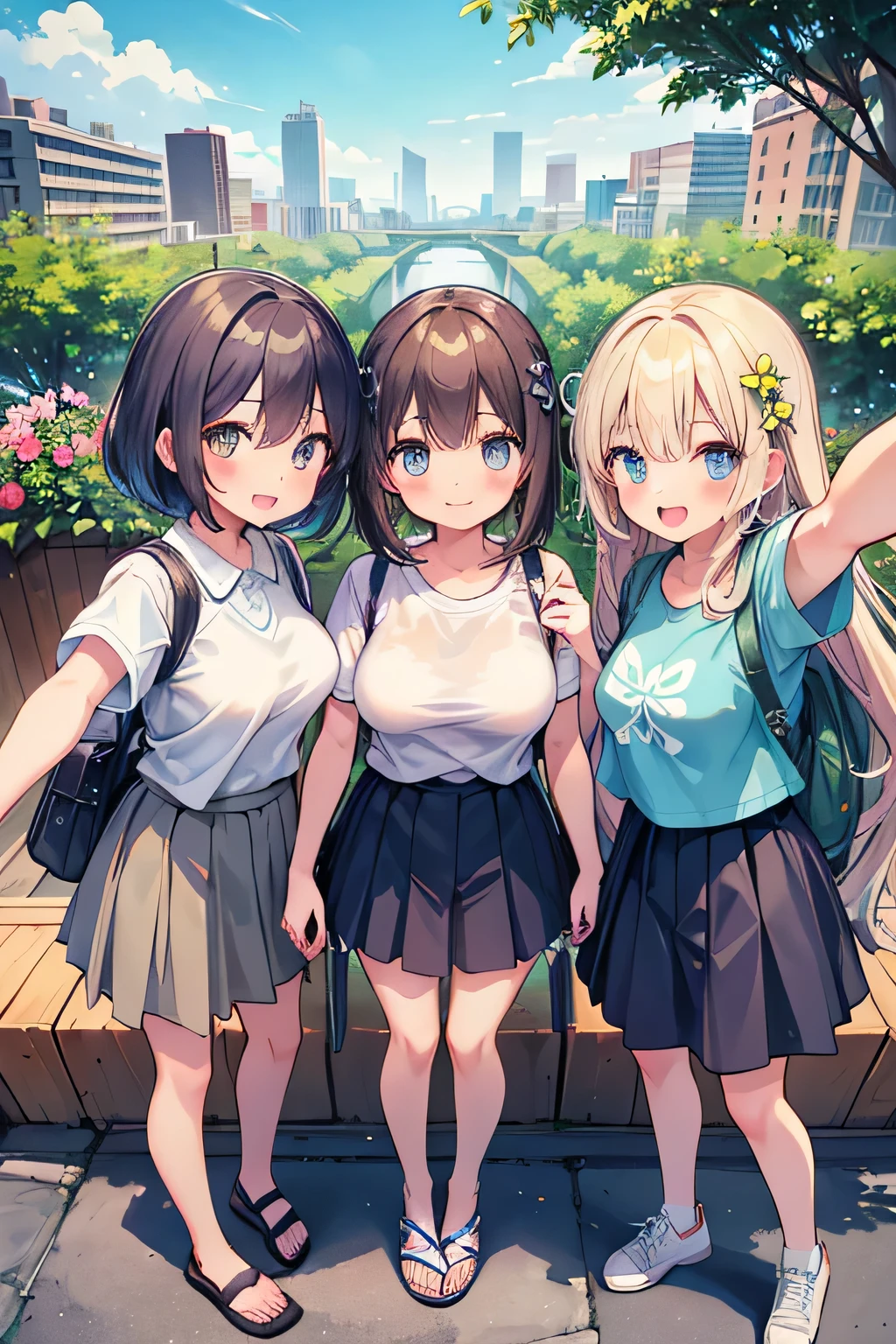 highest quality、High resolution、Detailed Background、(Beautiful face in every detail:1.4)、Anatomically correct、(Detailed facial expressions)、(Detailed eyes:1.2)、Teenage beauty、(Highly detailed face:1.4)、(Detailed eyes:1.2)、(Huge breasts:1.2)、cute hair color、Braided bob cut、Braided Ponytail、cute hairstyle、well-groomed eyebrows、Smiling、A fun atmosphere、Cute gestures、Cowboy Shot、
(Three beautiful girls taking a selfie with big smiles:1.5)、
Beautiful natural scenery such as lush parks, blue skies and white clouds make a great background.、
The silhouettes of skyscrapers and modern architecture create a sophisticated atmosphere.、The illuminated buildings at dusk are particularly impressive.、Bright flowers々The lush greenery adds a touch of natural color.、Flowers in a vase, garden views, etc.、
Colorful graffiti and artwork on the walls create an artistic atmosphere.、
T-shirts and polo shirts、Long sleeve cut and sew、Shorts、Flared skirts and culottes are cute.、
sneakers、Sandals、Backpack、Sacoche、Caps and bucket hats are cute、cute