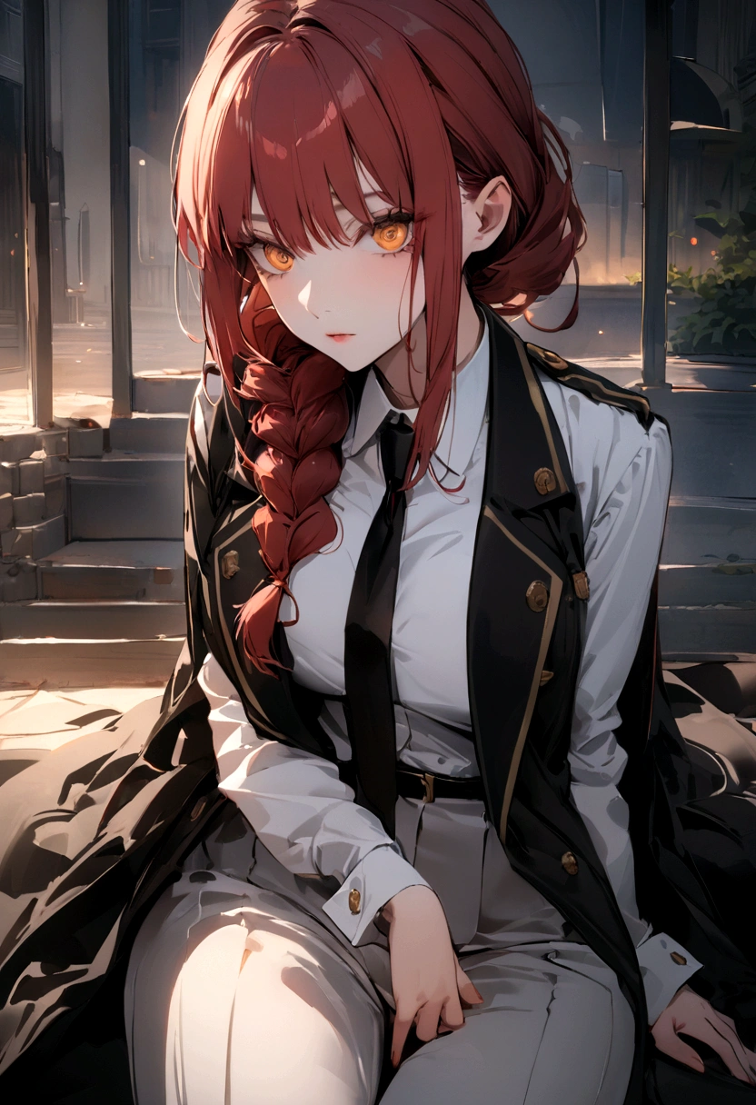 (Best quality, 8k, 32k, Masterpiece, UHD,:1.2),RAW, Makima, Chainsaw man, natural lighting,Makima is a young and attractive woman with a refined and elegant appearance. She has long, straight, and shiny red hair, often styled in a neat braid. Her eyes are particularly striking, a deep amber color that gives her a mesmerizing and mysterious look. Her face is fine and delicate, with soft yet defined features that bestow her with a cold, enchanting beauty.

She is of average height and has a slender, graceful figure. Her posture is always straight and confident, reflecting her natural poise and authority. Makima is often seen wearing a pristine uniform of the Public Safety Bureau, consisting of a crisp white shirt, a black tie, and either dark trousers or a skirt, completed with an elegant jacket. Her clothing style underscores her professional position while enhancing her inherent charisma.