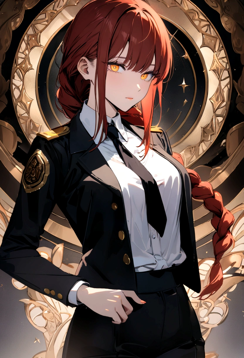 (Best quality, 8k, 32k, Masterpiece, UHD,:1.2),RAW, Makima, Chainsaw man, natural lighting,Makima is a young and attractive woman with a refined and elegant appearance. She has long, straight, and shiny red hair, often styled in a neat braid. Her eyes are particularly striking, a deep amber color that gives her a mesmerizing and mysterious look. Her face is fine and delicate, with soft yet defined features that bestow her with a cold, enchanting beauty.
She is of average height and has a slender, graceful figure. Her posture is always straight and confident, reflecting her natural poise and authority. Makima is often seen wearing a pristine uniform of the Public Safety Bureau, consisting of a crisp white shirt, a black tie, and either dark trousers or a skirt, completed with an elegant jacket. Her clothing style underscores her professional position while enhancing her inherent charisma.