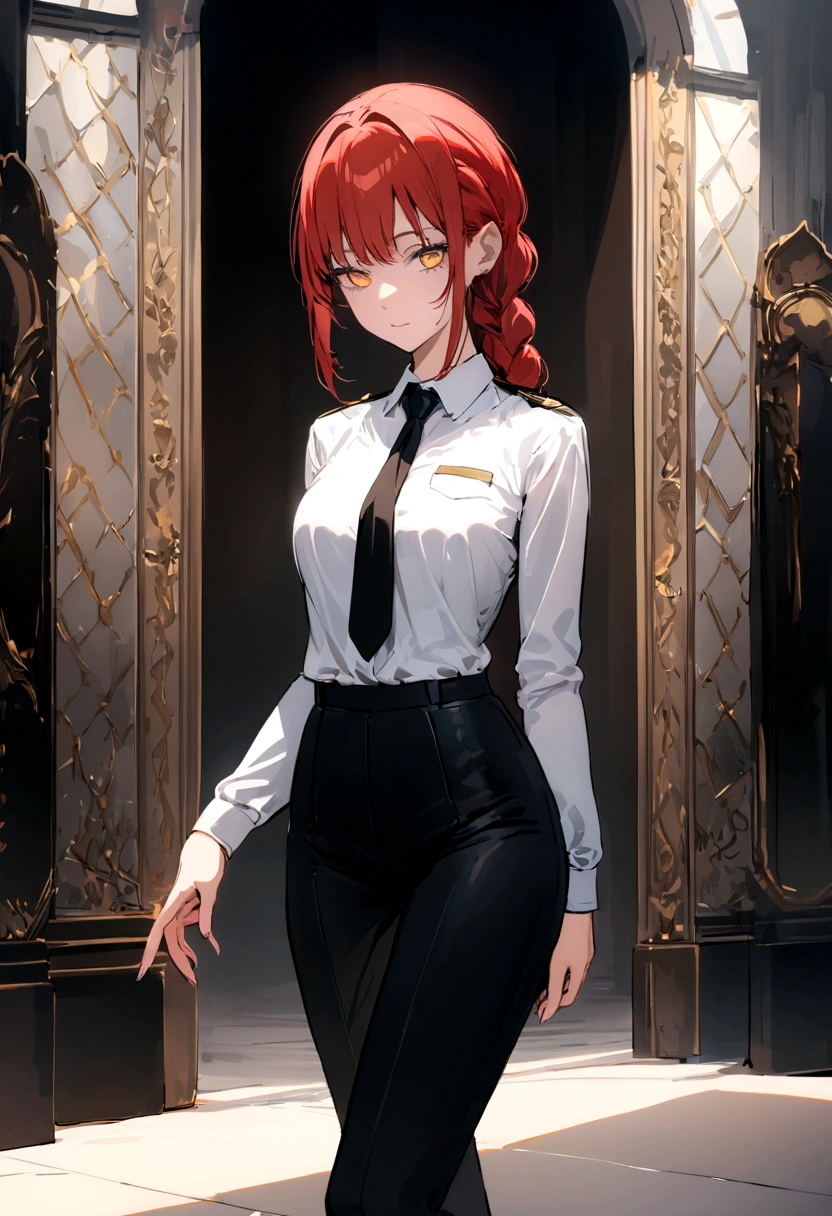 (Best quality, 8k, 32k, Masterpiece, UHD,:1.2),RAW, Makima, Chainsaw man, natural lighting,Makima is a young and attractive woman with a refined and elegant appearance. She has long, straight, and shiny red hair, often styled in a neat braid. Her eyes are particularly striking, a deep amber color that gives her a mesmerizing and mysterious look. Her face is fine and delicate, with soft yet defined features that bestow her with a cold, enchanting beauty.

She is of average height and has a slender, graceful figure. Her posture is always straight and confident, reflecting her natural poise and authority. Makima is often seen wearing a pristine uniform of the Public Safety Bureau, consisting of a crisp white shirt, a black tie, and either dark trousers or a skirt, completed with an elegant jacket. Her clothing style underscores her professional position while enhancing her inherent charisma.