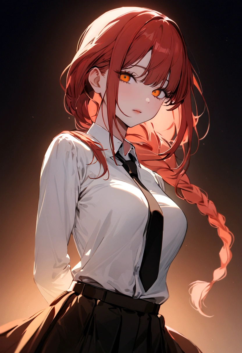 (Best quality, 8k, 32k, Masterpiece, UHD,:1.2),RAW, Makima, Chainsaw man, natural lighting,Makima is a young and attractive woman with a refined and elegant appearance. She has long, straight, and shiny red hair, often styled in a neat braid. Her eyes are particularly striking, a deep amber color that gives her a mesmerizing and mysterious look. Her face is fine and delicate, with soft yet defined features that bestow her with a cold, enchanting beauty.
She is of average height and has a slender, graceful figure. Her posture is always straight and confident, reflecting her natural poise and authority. Makima is often seen wearing a pristine uniform of the Public Safety Bureau, consisting of a crisp white shirt, a black tie, and either dark trousers or a skirt, completed with an elegant jacket. Her clothing style underscores her professional position while enhancing her inherent charisma.