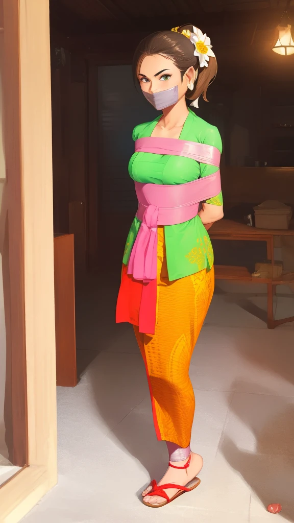 Masterpiece, hd, 2d, West Javanese Rice Farmer, wears light green kebaya dress , standing , short hair, brown hair, ponytail,Master piece, (best quality), perfect eyes, bound, bondage, (arms behind back:1.4), bdsm, tape gag, tape, tape bondage, close-up, restrained, standing ,best anatomy, long hair, ponytail, flower ornament in ear ,indonesian slippers , looking at viewer, looking at camera ,facing forward