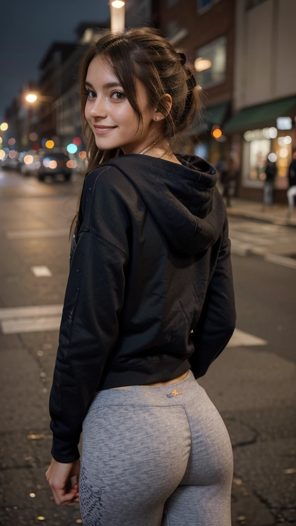 photo of a beautiful girl wearing casual shirt with a hoodie and leggings, city street, messy medium hair, slim body, view from back, medium upper body shot, looking at the camera, cute smile, shallow depth of field