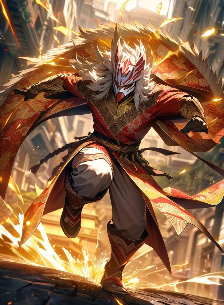 Full body view,absurdres, highres, ultra detailed, HDR, masterpiece, extremely detailed face and eyes,Indonesian Super Hero costume,,red and white Garuda costume, Garuda eagle mask, , Indonesia batik pattern , solo, man, handsome, ,, , Epic fight scene, golden splashing effect, golden effect,glowing glitters