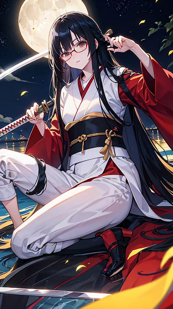 Black Hair Straight Hair Long Hair Glasses Japanese sword moon night lake